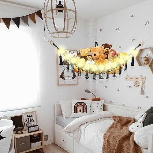 CERETIA Stuffed Animal Hammock with LED Light, Large Stuffed Animals Storage Corner Plushie Net for Kids Room Decor, Black thumbnail 4