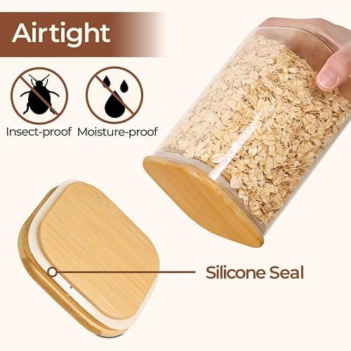 ComSaf Glass Storage Containers with Lids 1.9 Qt, Set of 3 Food Storage Jar | Pantry Storage Containers, Glass Jar, Square Canisters, Bamboo Lid with Silicone Seal, Cookie, Cereal, Coffee, Oats, BPA Free thumbnail 7