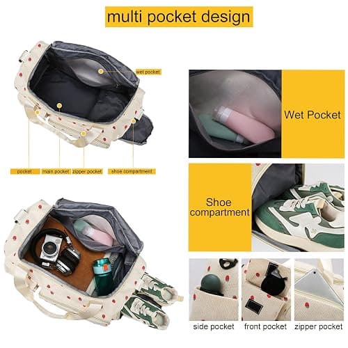 Strawberry Duffel Bag for Girls,Corduroy Gym Bag with Shoe Compartment & Wet Pocket,Cute Travel Weekend Overnight Dance Bag for Teens (white) thumbnail 3