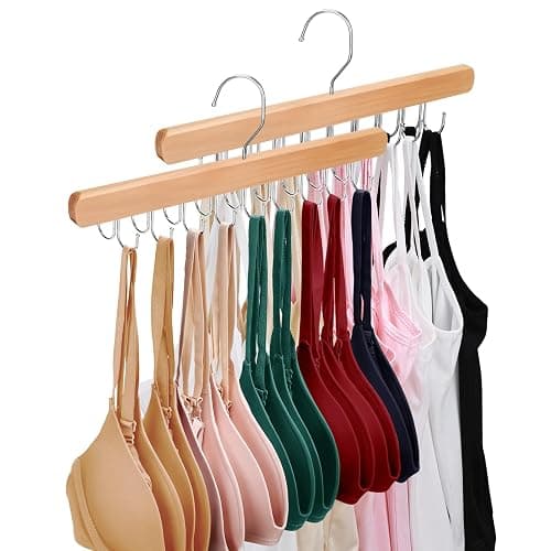 NECAMOCU 2 Pack Tank Top Hanger for Closet Organizer, Premium Bra Hangers | Wooden Bra Holder with 36 Foldable Hooks, 360° Rotating Design, Space Saving Storage for Tank Tops, Bras, Belts, Ties - Image 1