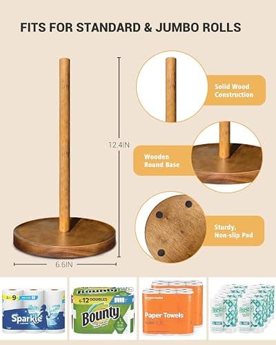 NESAPTO Paper Towel Holder Countertop, Wooden Standing Paper Towel Roll Stand for Rustic Farmhouse & Cottagecore Decor, Kitchen Bathroom Essential, Brown thumbnail 3