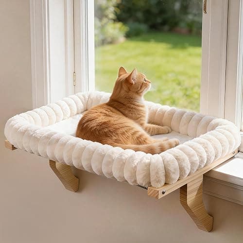 Zoratoo Cloud-Cuddle Cat Perch for Window Sill with Bolster, Natural Wood & Metal Frame Cat Window Seat for Large Cats, Easy to Adjust Zipper Cushion Pet Bed for Windowsill (Large) - Image 1