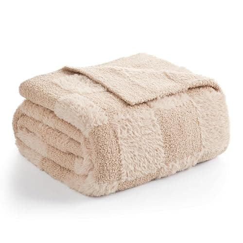 Snuggle Sac Checkered Throw Blanket Faux Fur Microfiber Blankets for Couch,Cozy Soft Warm Blanket for Sofa Bedroom Living Room,Solid Beige,50x60 inches thumbnail 5