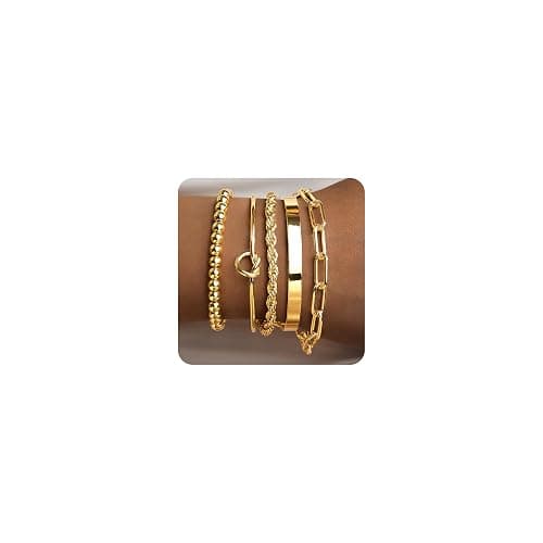 Gokeey Gold Bracelets for Women Non Tarnish, 14K Gold Plated Chunky Cuff Bracelet Gold Bangles Bracelet for Women Trendy Tie Knot Cuban Rope Paperclip Beaded Bracelet Stack Jewelry Gifts - Image 1