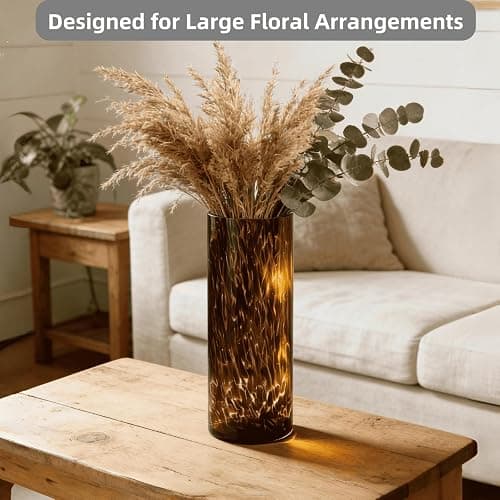 Large Leopard Amber Glass Vase, Luxe 11.8” Brown Decorative Centerpiece, Translucent Vintage Tortoise Shell Vase for Pampas Grass, Boho Modern Farmhouse Home Decor thumbnail 3