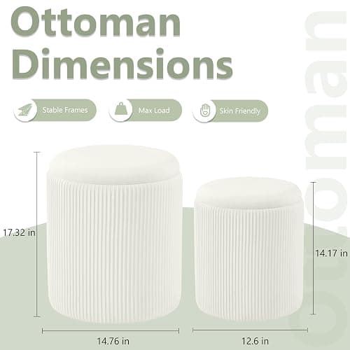 Royal Windsor Round Ottoman with Storage Set of 2,Vanity Stool with Storage for Bedroom, Ottoman Coffee Table,Small Velvet Foot Stool for Living Room, White thumbnail 3