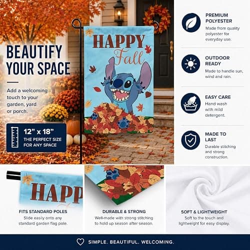 Flagology, Disney Happy Fall Stitch Garden Flag 12" x 18", Officially Licensed Lilo & Stitch Autumn Outdoor Polyester Seasonal Yard & Garden Décor Garden Flag thumbnail 6