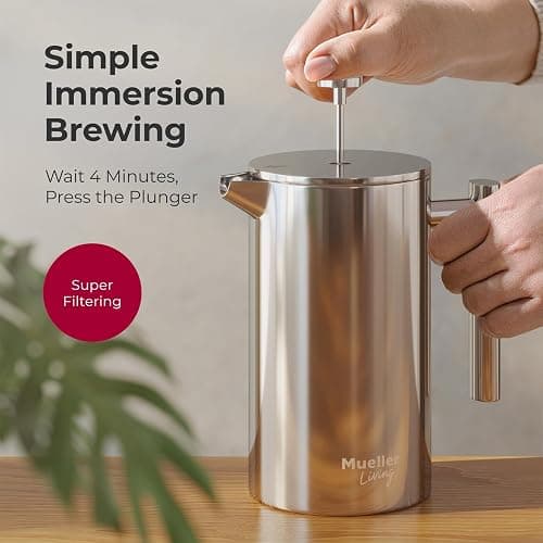 MuellerLiving French Press Coffee Maker 34oz, Stainless Steel French Press Coffee, 4 Filter Heat Resistant Double Insulated, Rust-Free, Food Grade, Dishwasher Safe Coffee Pot thumbnail 6