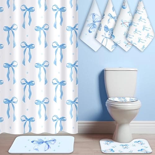 Honeydak 8 Pcs Blue Bow Shower Curtain Set Coquette Blue Bow Bathroom Decor Set Cute Aesthetic Bathroom Curtain with 12 Hooks Anti-Slip Rug Toilet Lid Cover Bath Mat and Towels for Women Home Bath - Image 1