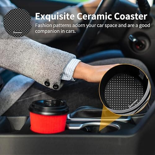 Watbro Cute Fashion Polka Dot Car Coasters 2 Pack for Cup Holders, 2.56 Inch Finger Notch Retro 70's Style Ceramics Heat Resistant Anti Slip Cork Base Car Drinks Coasters Auto Accessories-Black thumbnail 5