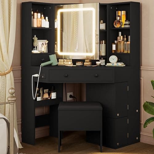 HAUOMS Vanity Desk with Mirror Lights, Storage Bench & Power Outlet, Corner Vanities with Rotating Cabinet & Drawers, 42.5" L Shaped Vanity Set, 3 Light Settings, for Women Girls, Modern Black thumbnail 3