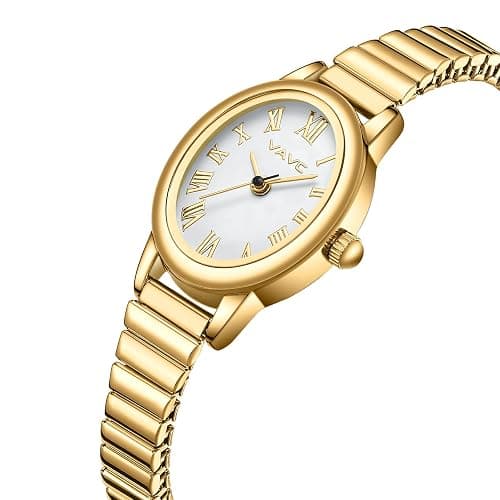 VAVC Small Gold Watches for Women,Analog Womens Watch with Stainless Steel Expansion Band,Oval Case Roman Dial,Water Resistant thumbnail 2