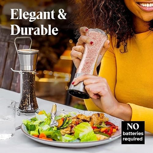 Willow & Everett Salt and Pepper Grinders - Set of Premium Stainless Steel Mills w/Stand – Tall Shakers w/Adjustable Coarseness - Salt & Pepper Mills w/Lids thumbnail 6