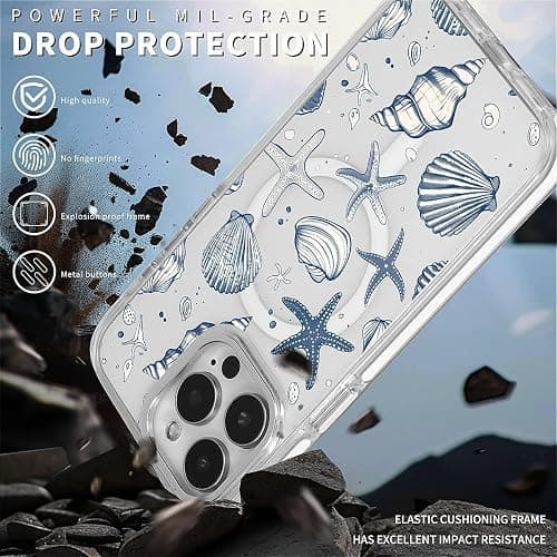 Punmada Compatible with iPhone 13 Pro Max Case for MagSafe, Clear White with Ocean Shells Design Drop Proof Rugged Magnetic Charge Shockproof for iPhone 13 Pro Max thumbnail 4