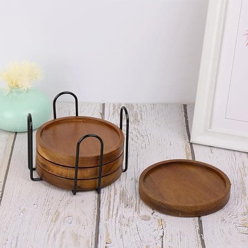 4 Pcs Wood Coasters for Drinks Absorbent, Wooden Coasters with Holder, Drink Coasters for Coffee Table, Absorbent Coaster Set for Table Protection Drink Coasters for Farmhouse, Office, Bar thumbnail 7