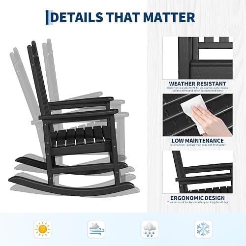 Garvee HDPE Rocking Chair Outdoor Set of 2 with Side Table - Poly High Back Porch Rocker Chairs for Adults - All Weather Resistant Furniture for Patio Front Porch - Black thumbnail 5