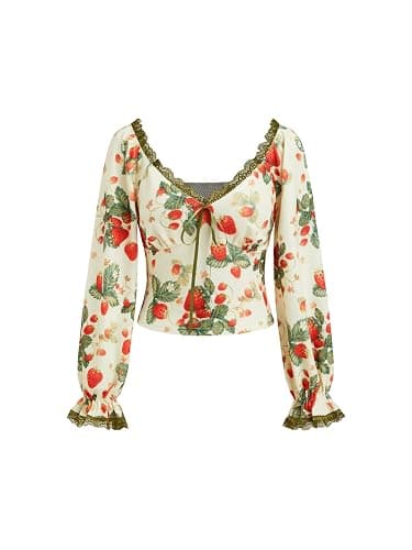 CIDER Women's Cute Crop Tops Strawberry Long Sleeve Tops Lace Trim V Neck Shirts Casual Spring Fall Outfits Y2K - Image 1