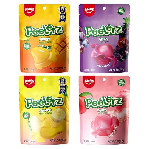 AMOS Peelerz Peelable Gummy Candy 4-Pack Variety Bundle, 85g Each (Total 340g), Mango, Grape, Banana, Peach Flavors, Soft Chewy Fruit Gummies, Fun Peelable Candy Snack - Image 1