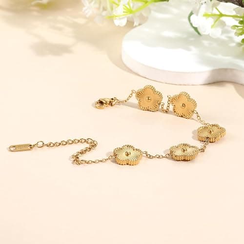 TICVSS Four Leaf Clover Bracelet for Women 18K Gold Plated Stainless Steel Lucky 4 Leaf Gold Link Bracelet Jewelry Gift for Women thumbnail 4