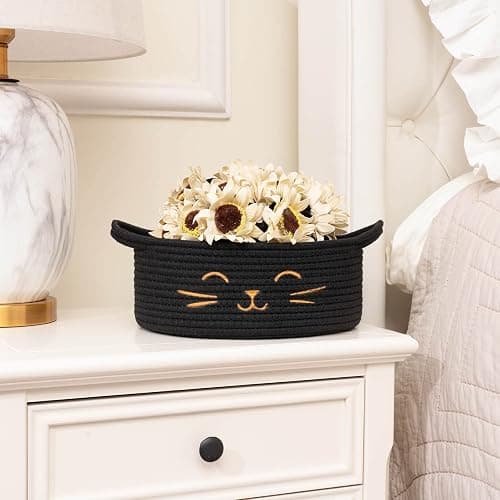HiChen Small Storage Basket, Black Cute Pet Toy Storage for Cats, Dogs, Decorative Rope Bin for Organizing, Empty Gift Basket for Baby, Black, 9.8 x 4 inches thumbnail 8
