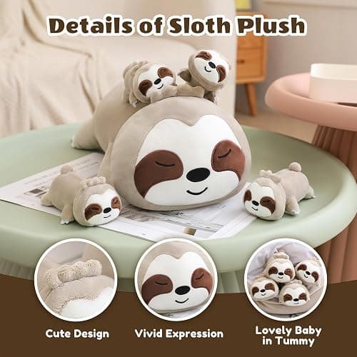 SQEQE Sloth Stuffed Animals with Babies Inside 5-Piece Set of Sloth Mommy and Babies Plush Cuddly Stuffed Animals Toys for Kids, Gifts Ideal for Christmas, Valentine's, Birthday thumbnail 3