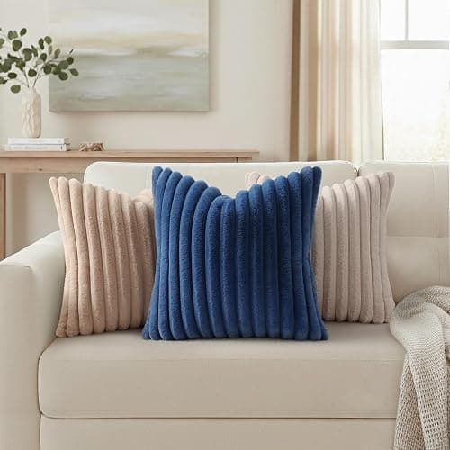 Simmore Faux Fur Couch Throw Pillow Covers 18x18 Set of 2, Decorative Soft Striped Plush Pillow Covers with Velvet Back for Sofa Bed Living Room, Black thumbnail 2