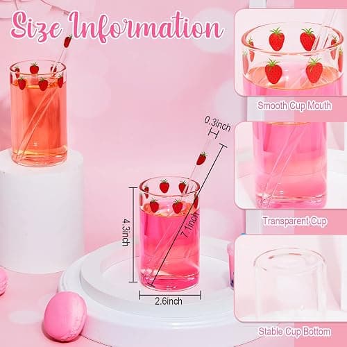 Tessco for you 2 Sets Strawberry Cups Nana Strawberry Glass Cup with Straw Glass Tumbler Drinking Cherry Clear Tumbler Berry Pattern Glasses Bottle for Juice Water Milk Coffee Tea(Lovely) thumbnail 3