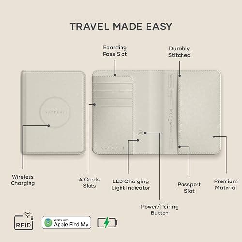 Satechi Passport Holder for Travel with Find My, Passport Cover with 4 Card Holder, Wireless Charging, and RFID protection – Travel Essential Vegan Leather Passport– Sand thumbnail 3