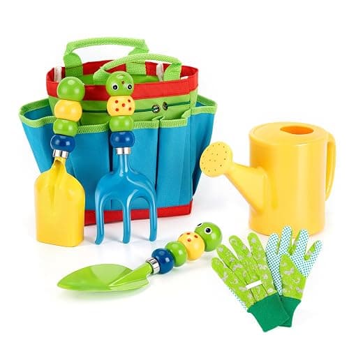 FITNATE Green Kids Garden Tools Set,6 PCS Gardening Tools for Kids Including Watering Can, Shovel, Rake, Fork, Children Gardening Gloves and Garden Tote Bag, All in One Set - Caterpillar - Image 1