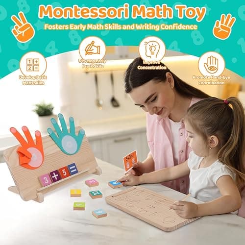 Montessori Learning Toys for Toddlers 2-4, Double-Sided Finger Counting & Number Tracing Board, Colorful Number Blocks, Solid Pine Wood Educational Math Toy for Kids Boys Girls Ages 1 3 5 Year Old - Montessori Math Toy thumbnail 3