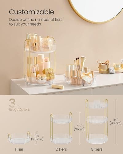 SONGMICS Makeup Organizer, 3-Tier Round Rotating Skincare Organizer Countertop, Customizable, Toiletries Vanity Organizer, Lazy Susan, Christmas Gift, Transparent UJKA011W02 thumbnail 2