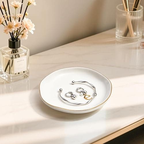 Fyshipin Ceramic Jewelry Tray,Decorative Trinket Dish for Room Decor,Birthday Valentine's Day Mother's Day Graduation Christmas Personalized Gift for Women, 4.75", Gold Rim,Engraved Initial m thumbnail 5