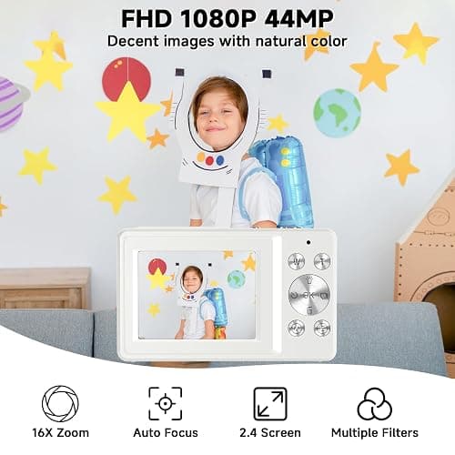Digital Camera, 44MP Compact Camera, FHD 1080P Point and Shoot Digital Cameras with 16X Zoom, Face Detect, Smile Capture, Anti Shake, for Boys Girls Teens Gifts (White) thumbnail 2
