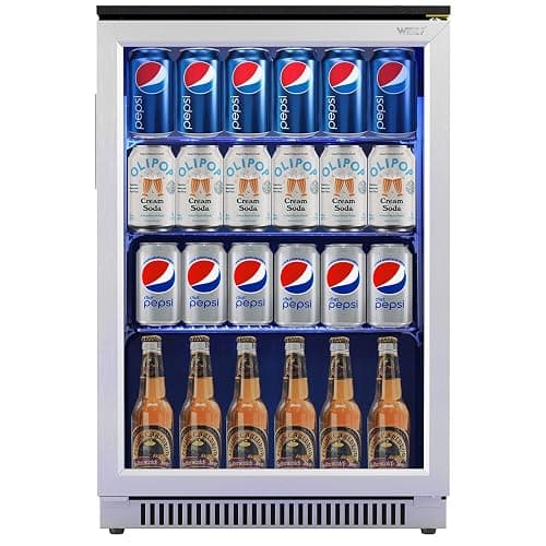 Weili 20 Inch Built in Beverage Fridge with Glass Door, 120 Can Under Counter Soda Beer Drink Refrigerator with Blue LED Light for Home Office or Bar, 36-50°F Auto Defrost - Image 1