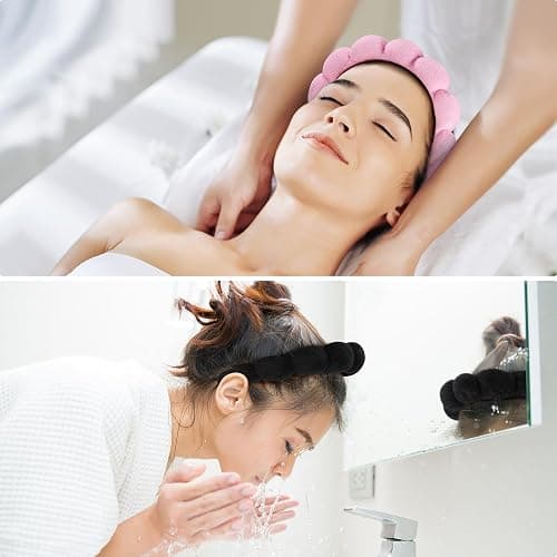 Ztomine Spa Headbands for Washing Face or Facial, Set of 2 Skincare Headbands, Terry Cloth Headband Wash Combo Pack - Puffy Makeup Washing, Mask, Skin Treatment (Black & Pink) thumbnail 4