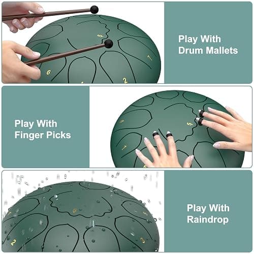 Rain Drum for Outside Garden, 8 Inches 11 Notes Steel Tongue Drum, Waterproof Meditation Rain Chime, Musical Instruments for Adult Gift with Bag, Music Book, Mallets (Green) thumbnail 3