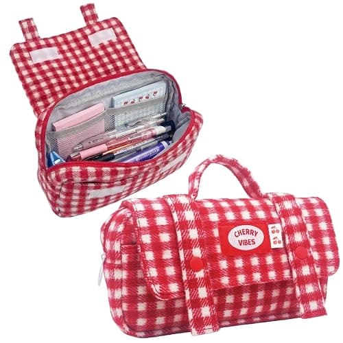Haumei Cute Checkered Pencil Case, Red White Plaid, Large Capacity Gingham Pattern Pen Bag with Handle, Big Stationery Organizer, Multi-Use Storage Pouch, 8.7x1.6x4.7 Inches, Red - Image 1
