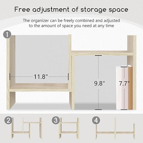 Jerry & Maggie Desktop Organizer Office Storage Rack Adjustable Wood Display Shelf Free Style Double H, Multi-Functional Mini Bookshelf for Desk Natural Stand (White Wood Tone) thumbnail 5