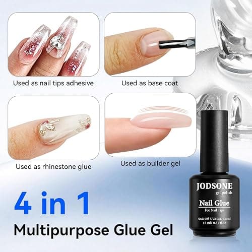 JODSONE 15ml Nail Glue Gel 5 in 1 for Nail Tips Long Lasting Extension Glue for Clear Nail Tips and Clear Press on Nails, Nail Repair Treatment, Salon Art DIY at Home Need U V Light Cured thumbnail 4