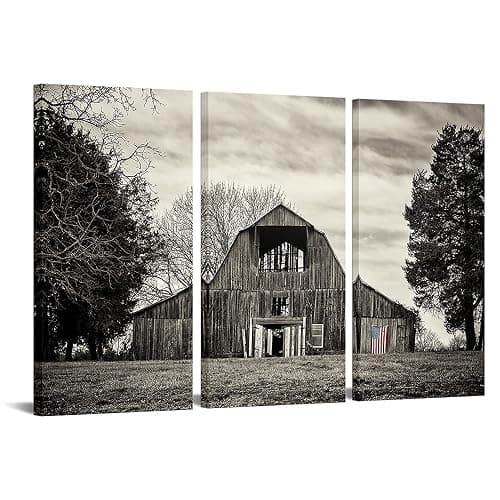 VANSEEING 3 Pieces Rustic Barn Canvas Wall Art Black and White Old Barn with USA Flag Painting Print Vintage Cabin Landscape Picture for Farmhouse Home Decor 16x32inchx3pcs - Image 1