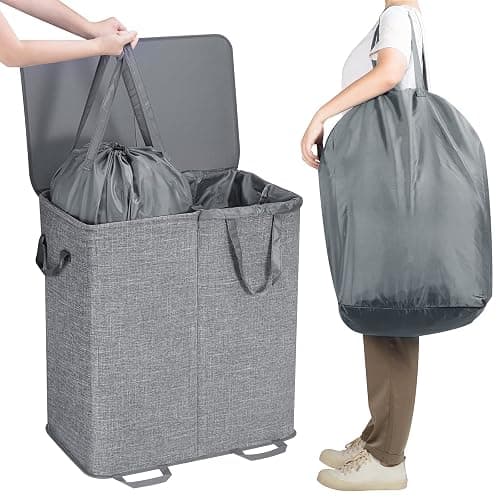 Lifewit Double Laundry Hamper with Lid and Removable Laundry Bags, Large Collapsible 2 Dividers Dirty Clothes Basket with Handles for Bedroom, Laundry Room, Closet, Bathroom, College, 136L Gray thumbnail 5