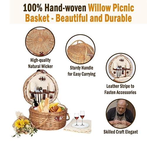RORLAND Heart Shaped Picnic Basket Set 2 Person,Wicker Romantic Willow Woven Basket W/Tableware for Camping Indoor Outdoor Party,Couple Gift for Valentine's Day,Engagement,Wedding,Anniversary,Birthday thumbnail 8