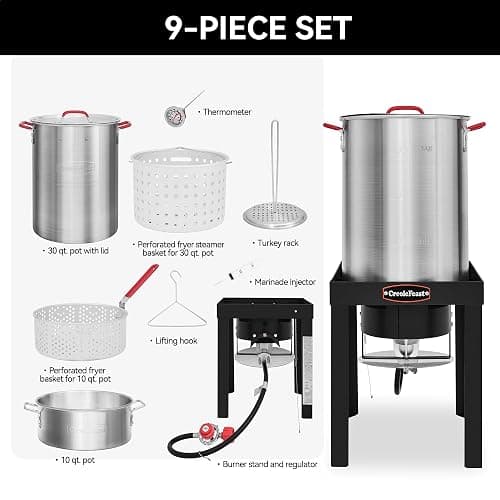 CreoleFeast TFS3010 Propane 30 Qt. Turkey and 10 Qt. Fish Fryer Boiler Steamer Set, 50,000 BTU Burner, Ideal for Outdoor Cooking thumbnail 4