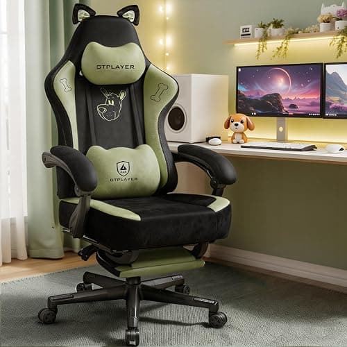 GTPLAYER Gaming Chair Cute with Cat Ears Ergonomic Computer Chair with Dog Embroidery Adjustable Memory Foam Lumbar Support and Headrest Comfortable Reclining Office Chair Soft Velvet Fabric for Women - Image 1