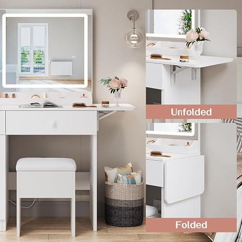 Haewon White Vanity Desk with Mirror and Lights, Makeup Vanity with Charging Station and 3 Lighting Modes, Dressing Table Set with Storage Cabinet, Drawers and Chair for Girls Bedroom thumbnail 6