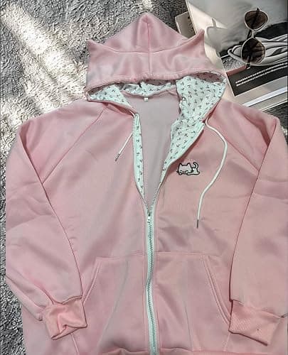 Xojbzoo Women's Y2K Zip-Up Hoodie Oversized Streetwear Cat Ear Cute Cartoon Graphic Harajuku Kawaii Sweatshirt thumbnail 5