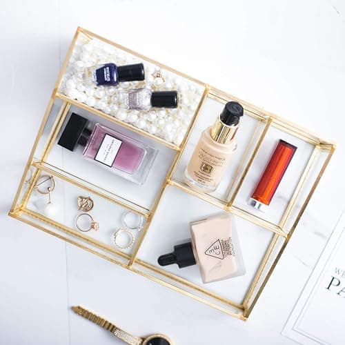 Makeup Organizer Antique Countertop Cosmetic Storage Box Glass Beauty Display, Gold Spin Large Capacity Holder for Brushes Lipsticks Skincare Toner thumbnail 6