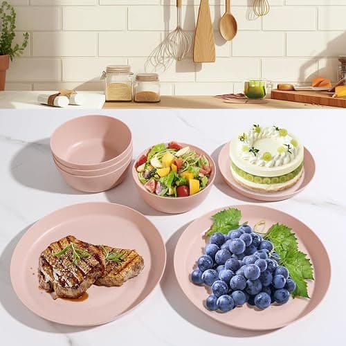 EI 12pcs Pink Wheat Straw Plates,Wheat Straw Dinnerware Set for 4,Plates and Bowls Sets,Plastic Plate Reusable,Unbreakable Plastic Plate Melamine,Camping Family Dishes Set thumbnail 2