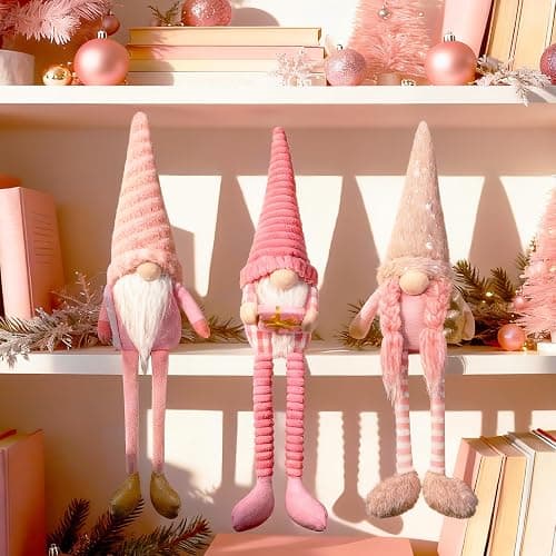 ZEBNYYA Pink Christmas Gnomes Plush Elf Decoration - 3PCS Handmade Xmas Long Dangle Leg Winter Gnomes Hold Christmas Tree Candy Cane Gift Box Santa Dolls for Home Table Ornament, Tiered Tray Decor thumbnail 7