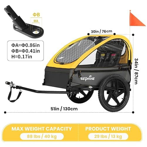 Sepnine Kids Bike Trailer, Suitable for 1 to 2 Kids, 12+ Months, Quick Attach to Bike, Foldable, with 5-Point Harness and Storage Bags - BT609-Yellow - Double Seat thumbnail 3